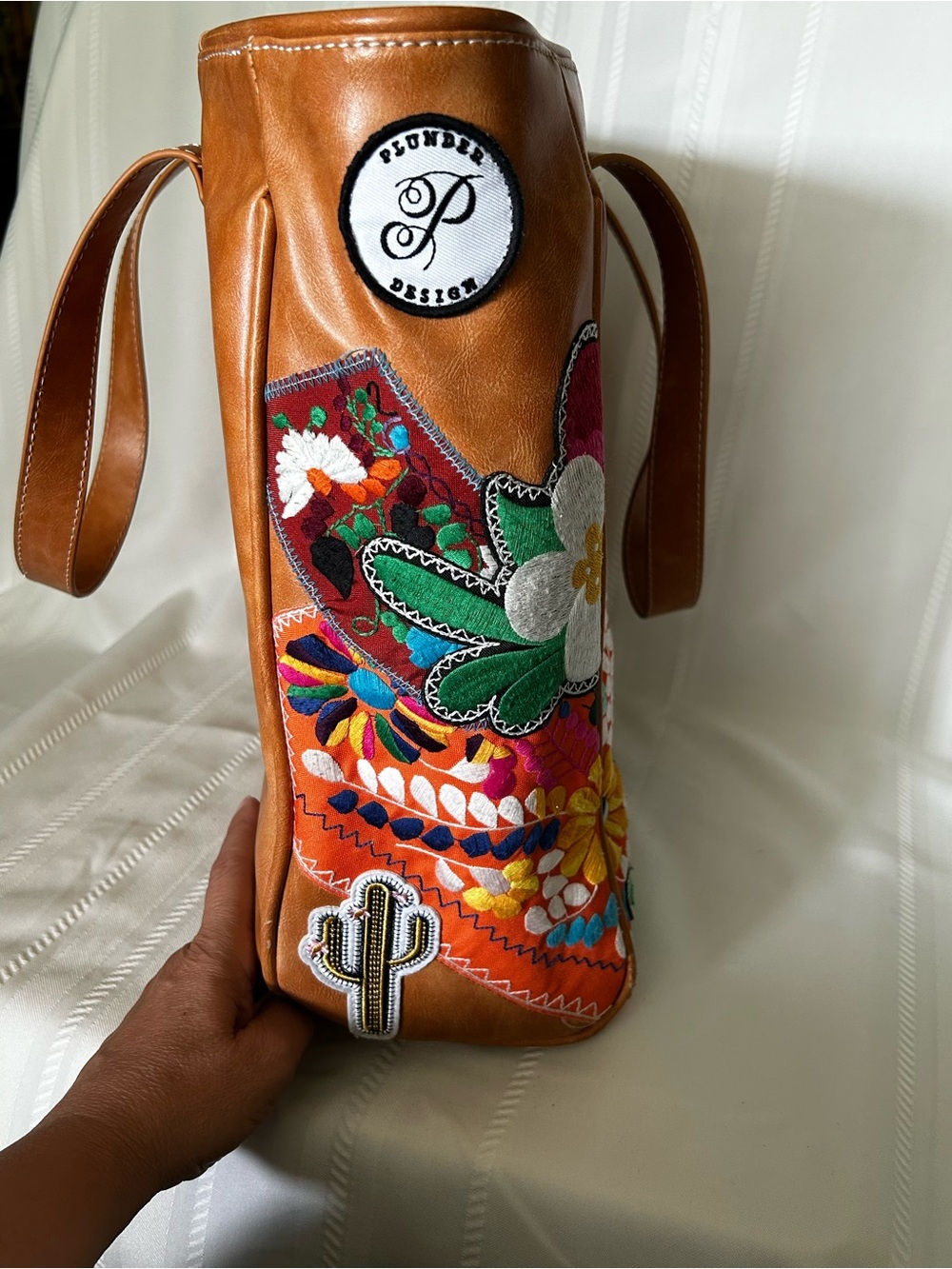 Plunder Tote Bag Camel Brown Faux Leather Multicolor Floral Bee Butterfly Patch - Picture 6 of 15